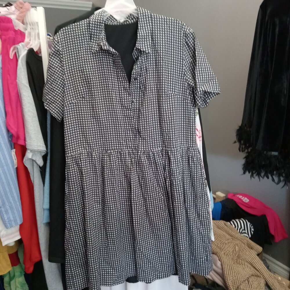 Madewell Gingham Short Sleeve Dress black white check mini drop waist sz 12